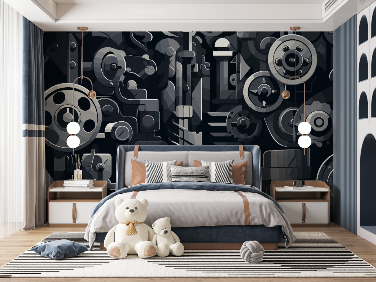 Mechanical gear wall design in gaming room with dark furniture