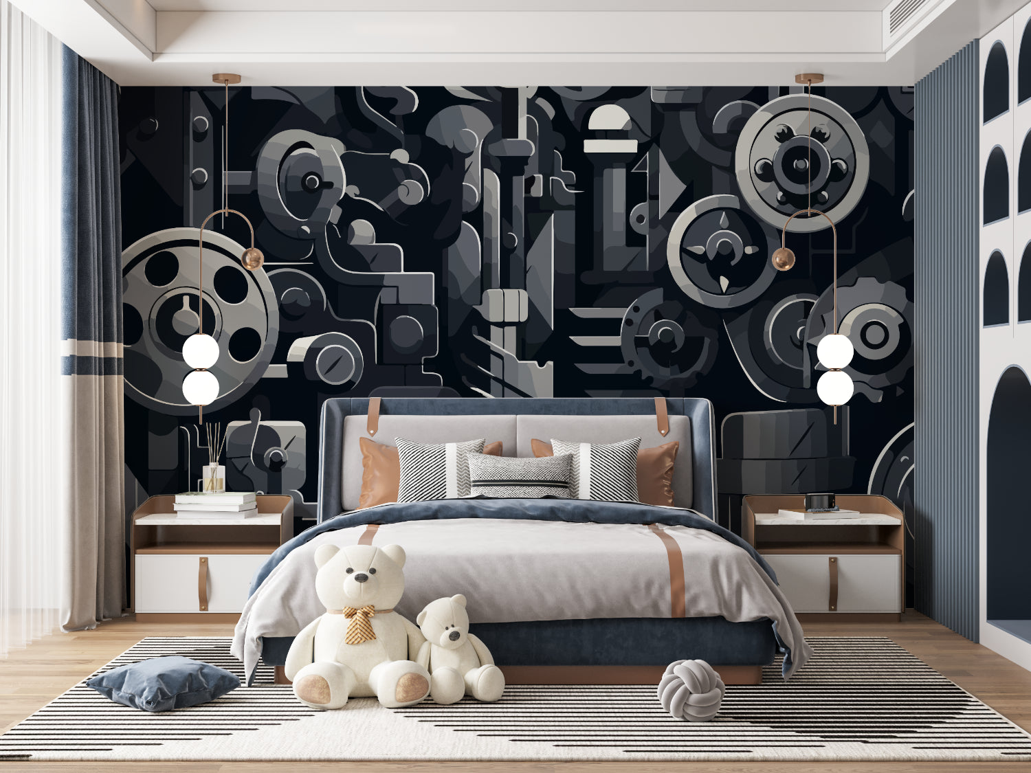Mechanical gear wall design in gaming room with dark furniture
