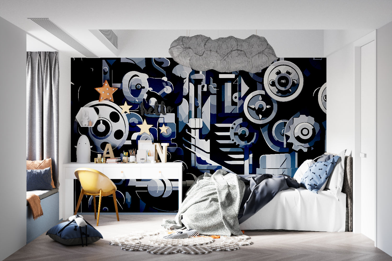 Black and grey gear wallpaper in teen bedroom creating urban feel