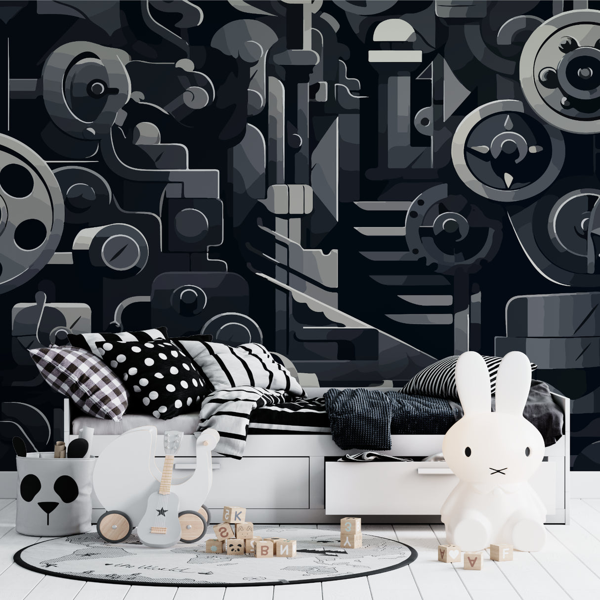 Industrial mechanical wallpaper in modern living room with metal accents