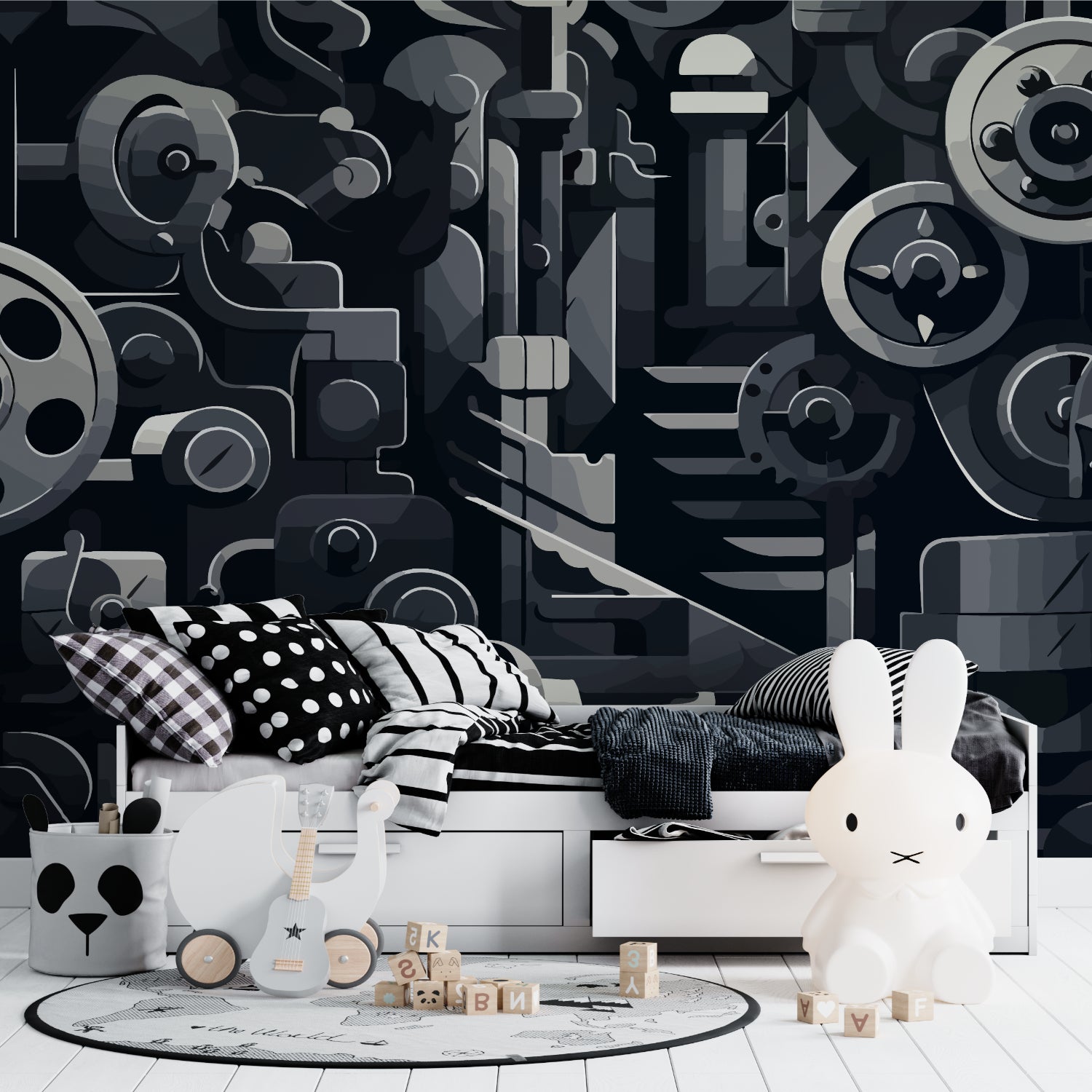 Industrial mechanical wallpaper in modern living room with metal accents