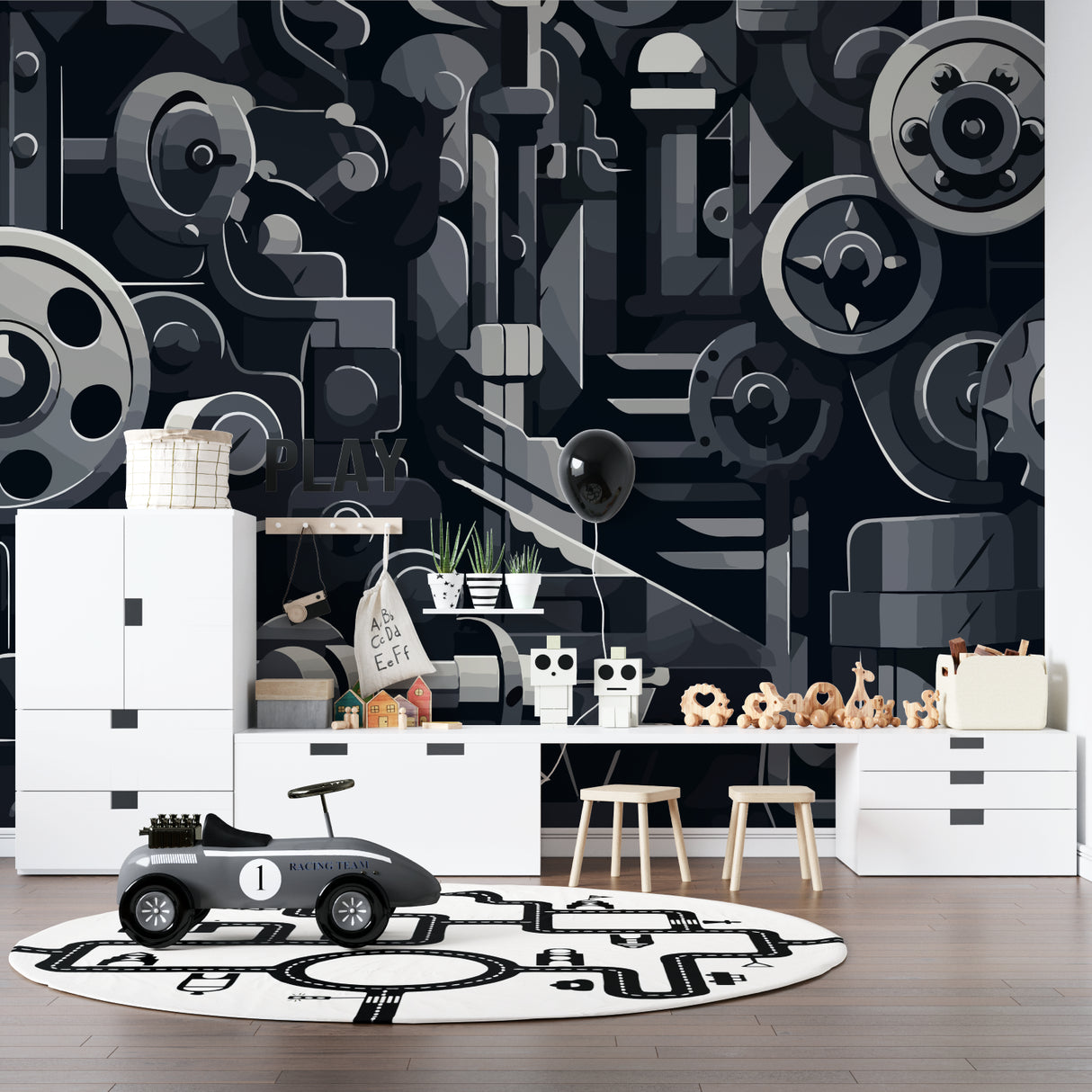 Gear pattern mural in industrial style dining room with concrete elements
