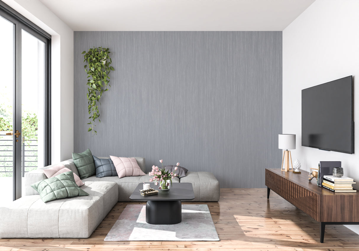 Grey metallic stripe wallpaper in contemporary dining room with pendant lights