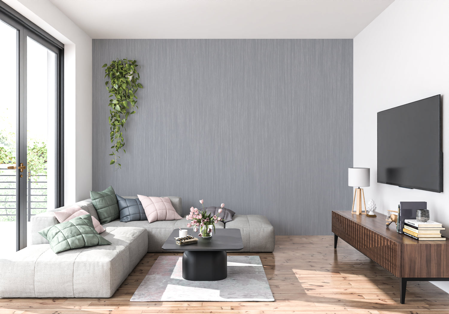 Grey metallic stripe wallpaper in contemporary dining room with pendant lights