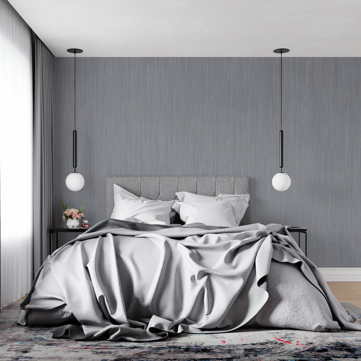 Industrial stripe wallpaper in modern living room with leather furniture