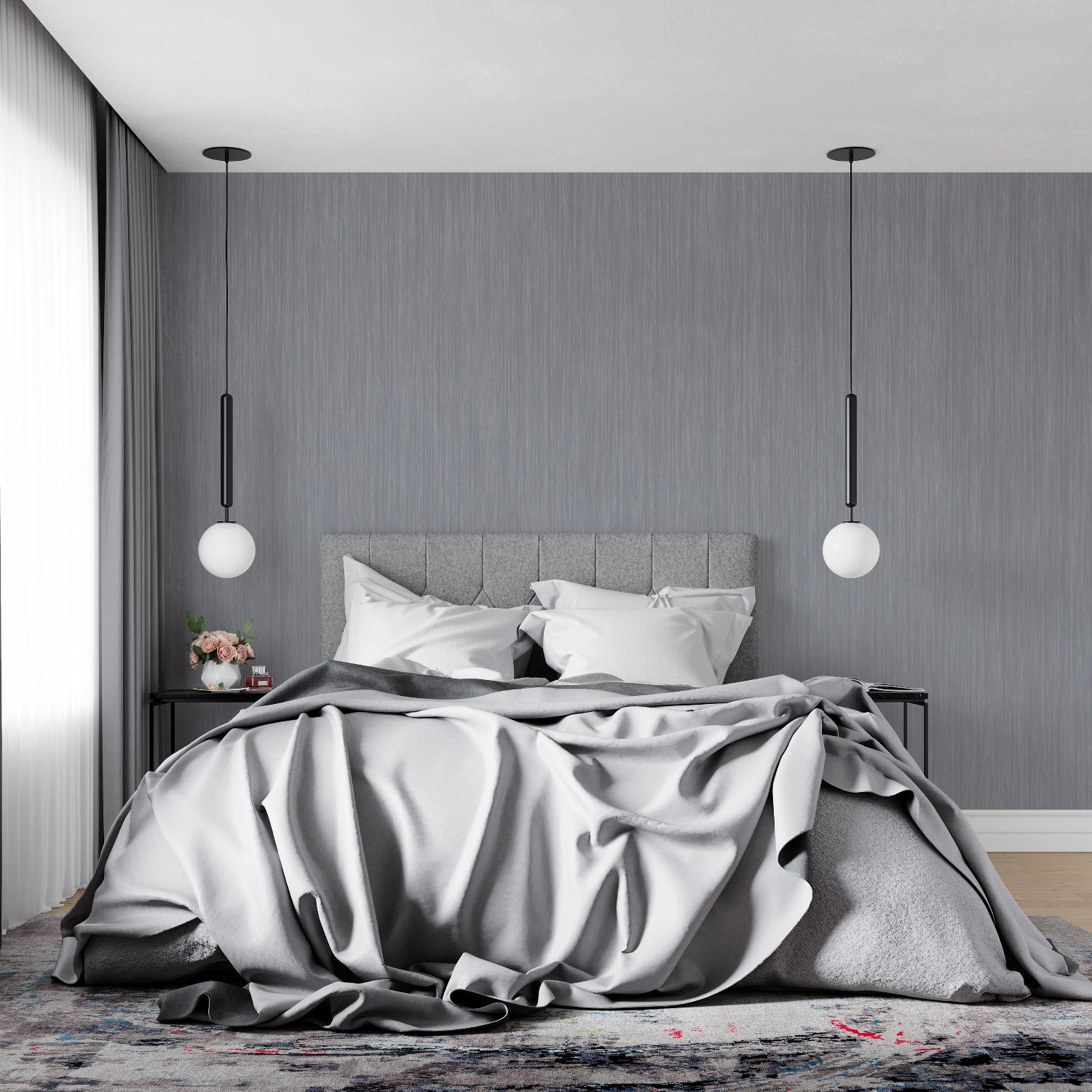 Industrial stripe wallpaper in modern living room with leather furniture