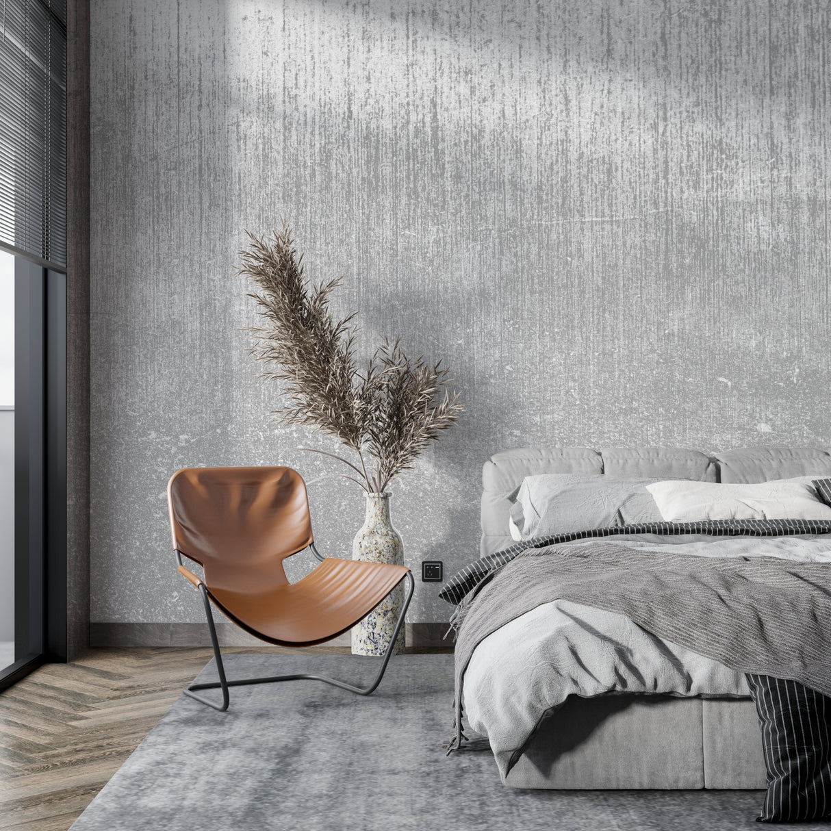 Metallic grey wall mural creating depth in an industrial-style office space