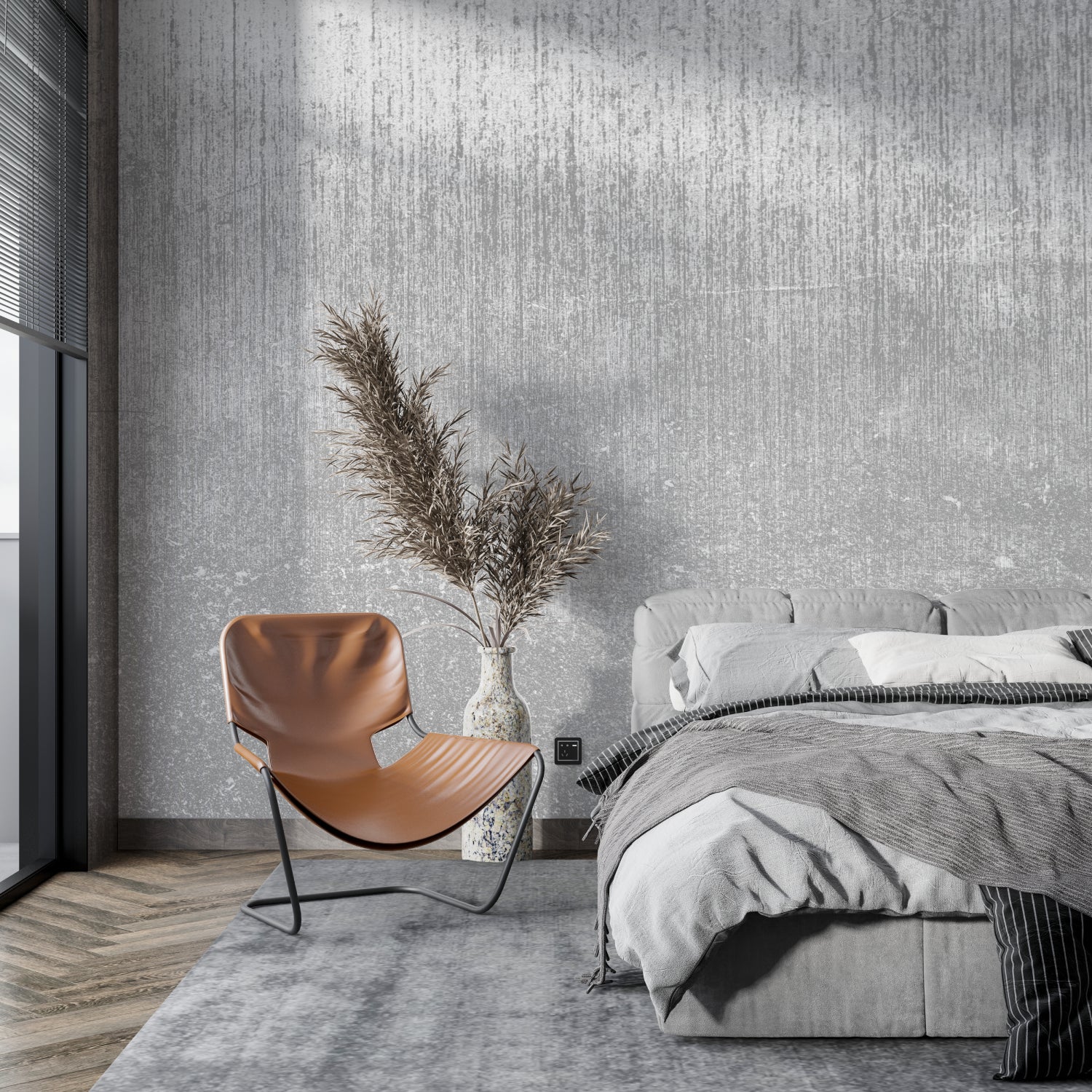 Metallic grey wall mural creating depth in an industrial-style office space