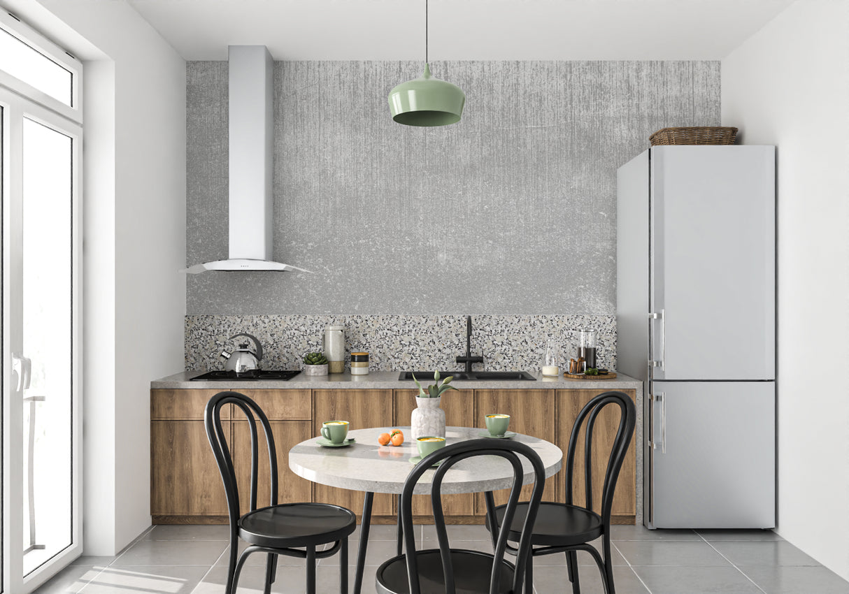 Industrial textured wallpaper in a contemporary dining room with pendant lighting