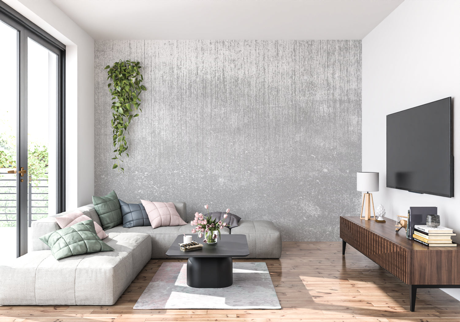 Grey metallic wallpaper making a statement in a modern bedroom setting