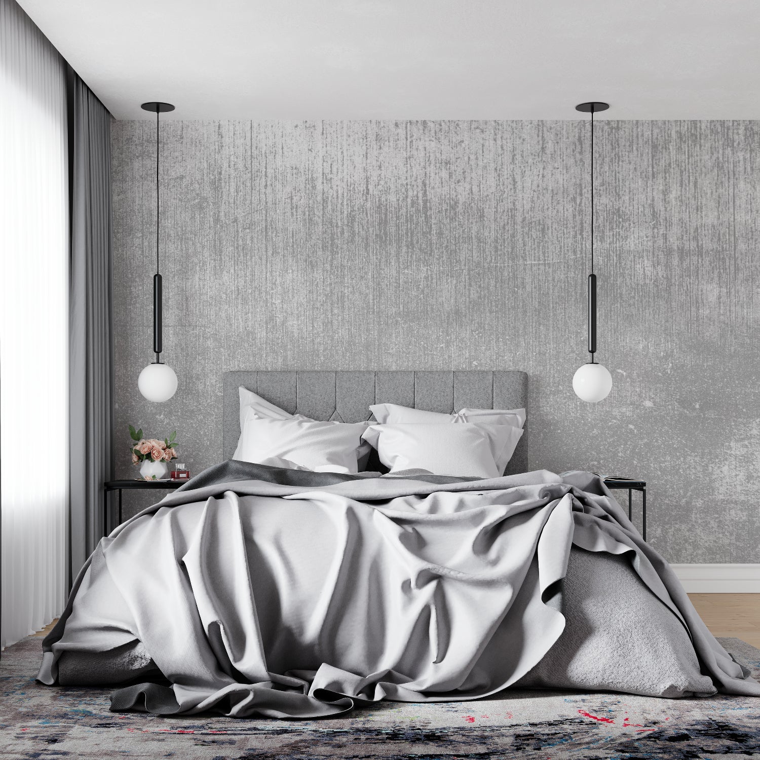 Textured grey mural installed in an urban loft showcasing the reflective qualities