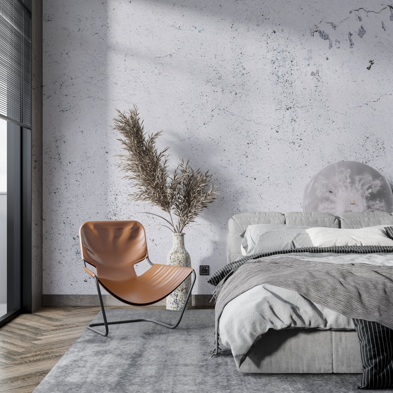 Modern concrete texture wallpaper in minimalist living room showing industrial style and clean lines