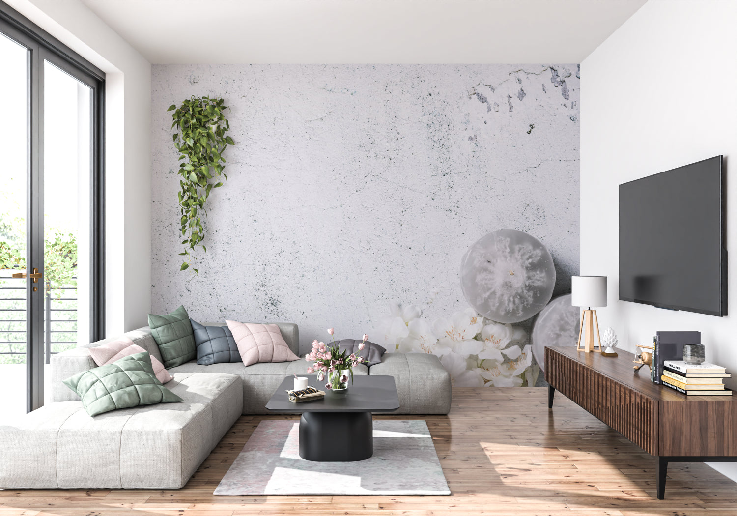 Contemporary office space featuring concrete effect wall mural creating professional atmosphere