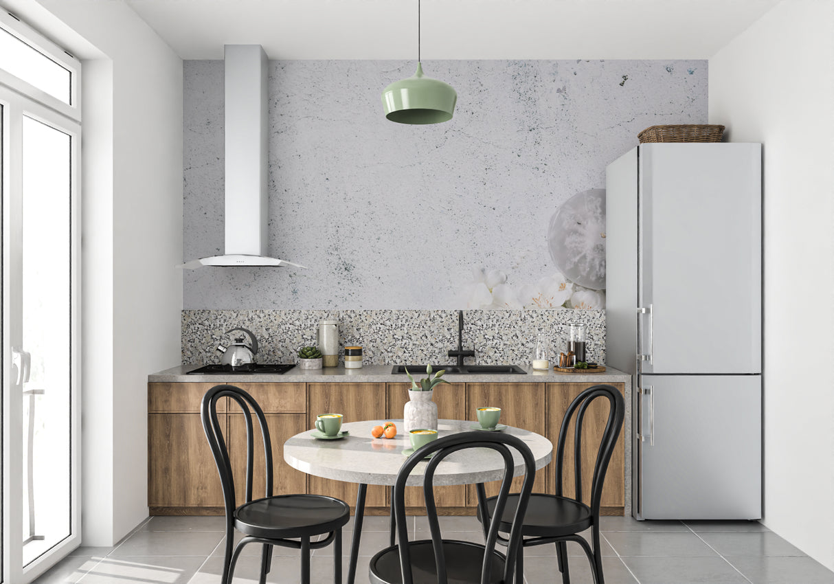 Industrial style dining room with concrete texture wallpaper adding urban sophistication
