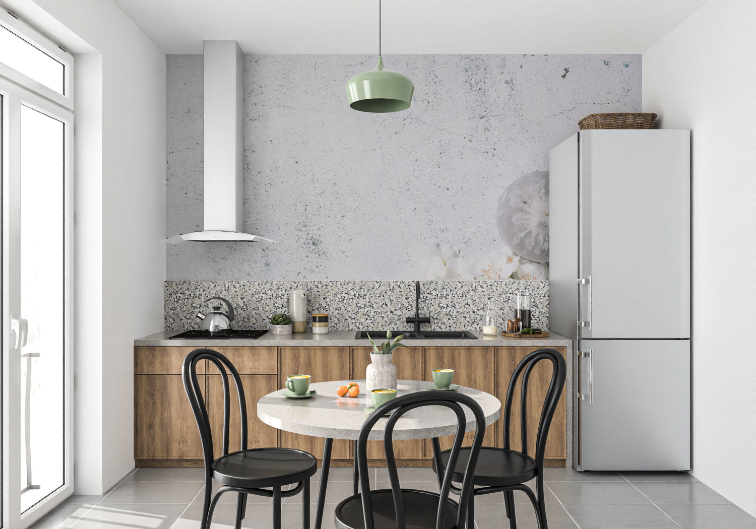 Industrial style dining room with concrete texture wallpaper adding urban sophistication