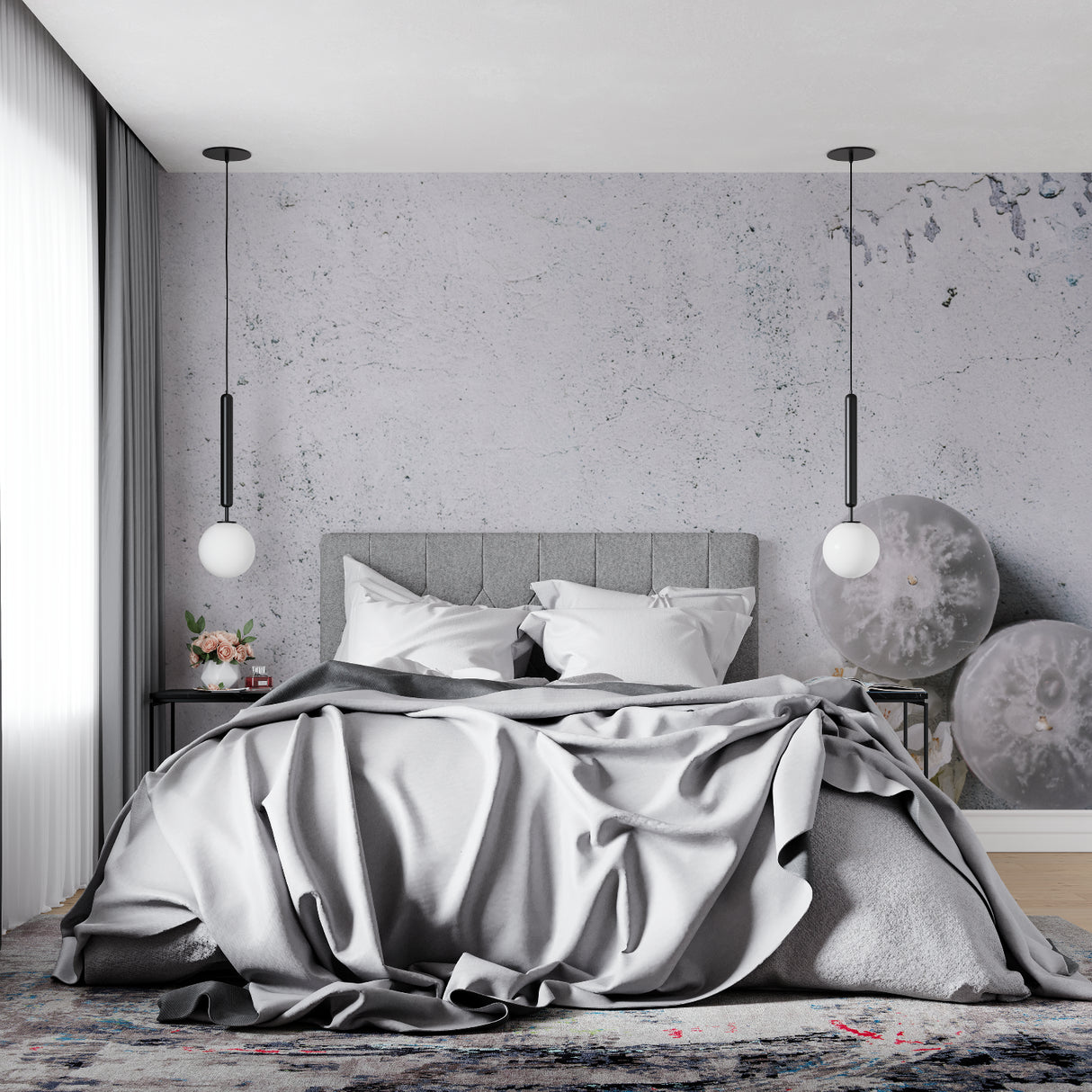 Modern bedroom with concrete wall mural showing soft grey tones and subtle texture