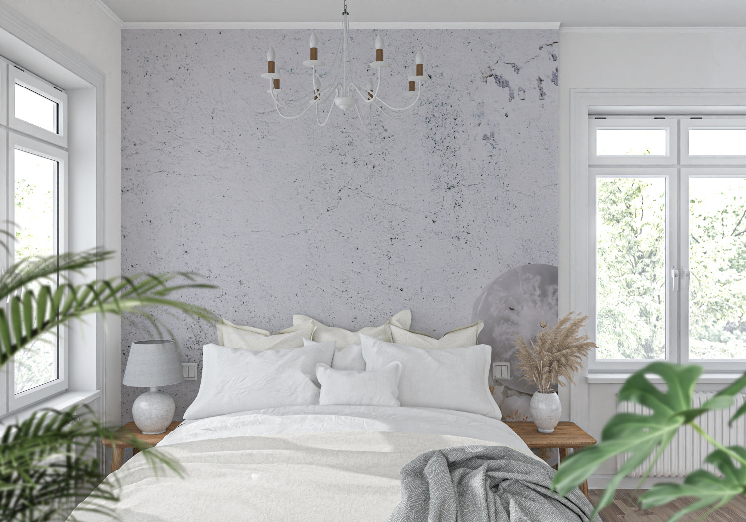 Concrete effect wallpaper in modern kitchen space highlighting industrial design elements