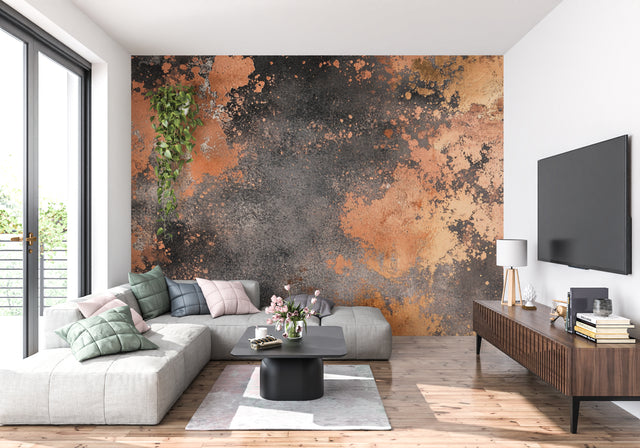 Industrial copper metal wallpaper in modern loft living room with concrete floors and metal furniture