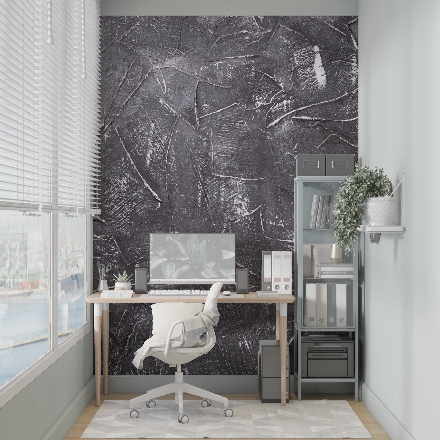 Industrial concrete wallpaper featured in contemporary office space