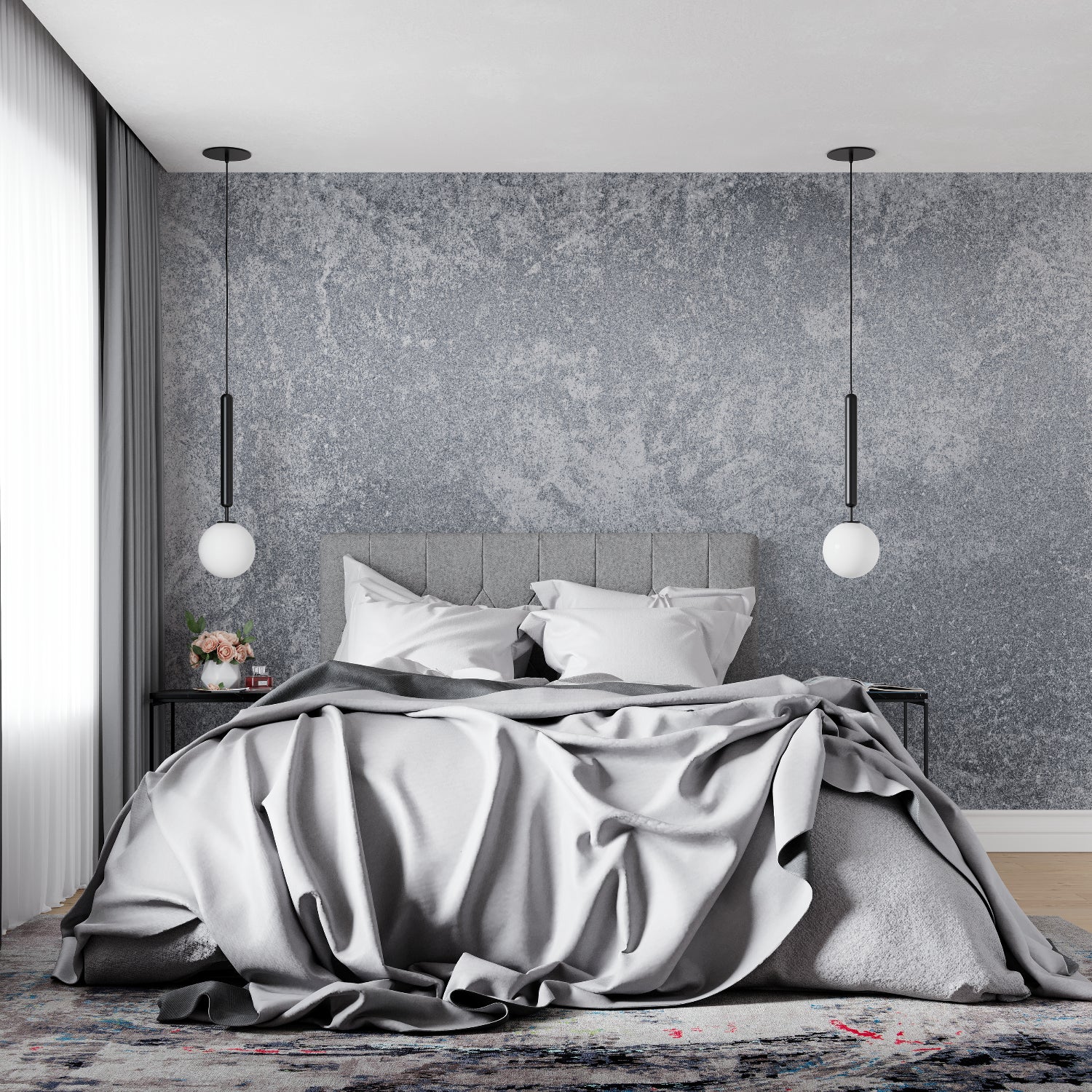 Industrial concrete wall mural creating depth in a contemporary office space