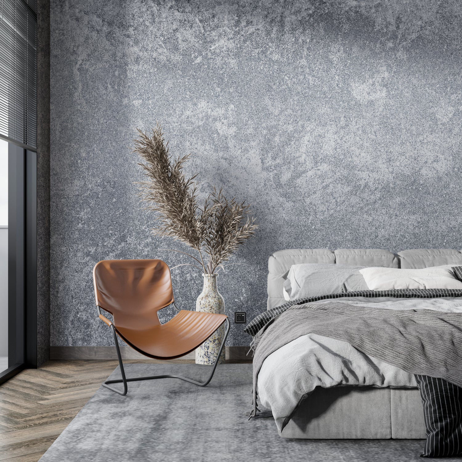 Grey textured concrete wallpaper adding urban style to a dining room setting