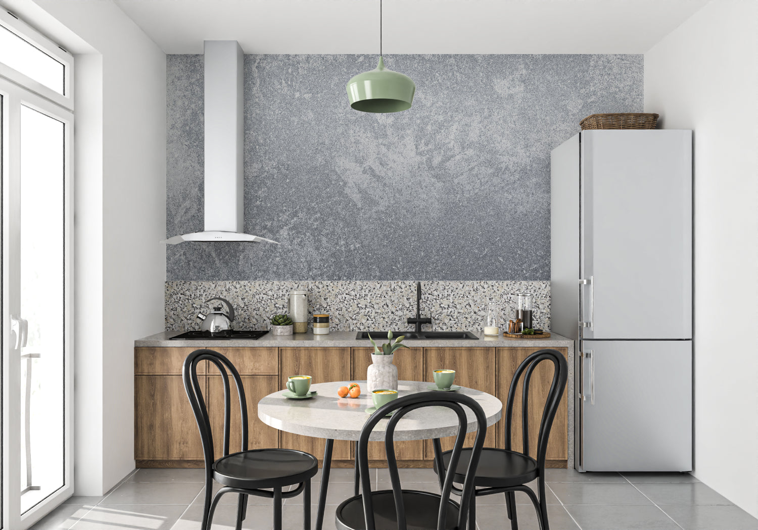Concrete effect wallpaper in a modern bedroom with metal furniture