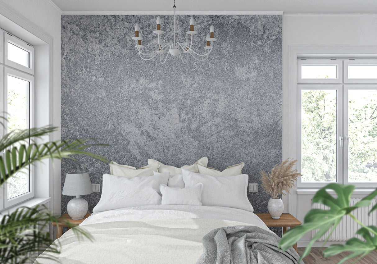 Industrial grey wallpaper creating a statement wall in a loft-style kitchen