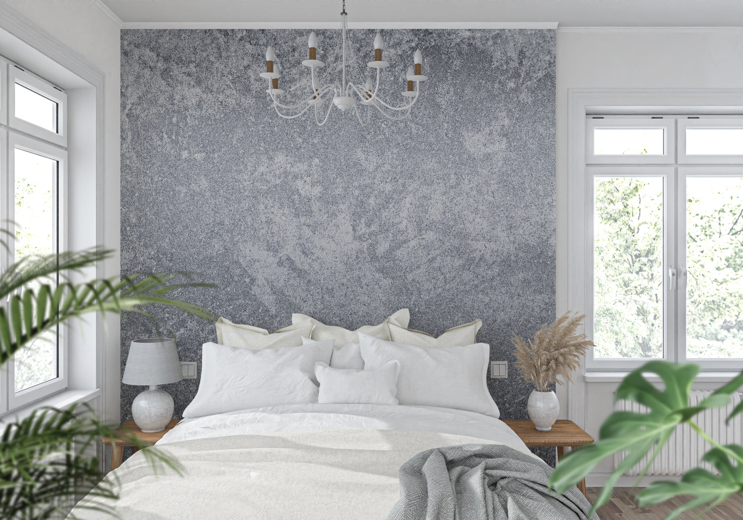 Industrial grey wallpaper creating a statement wall in a loft-style kitchen