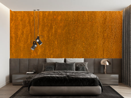 Industrial metal effect wallpaper in modern living room with leather sofa and pendant lights