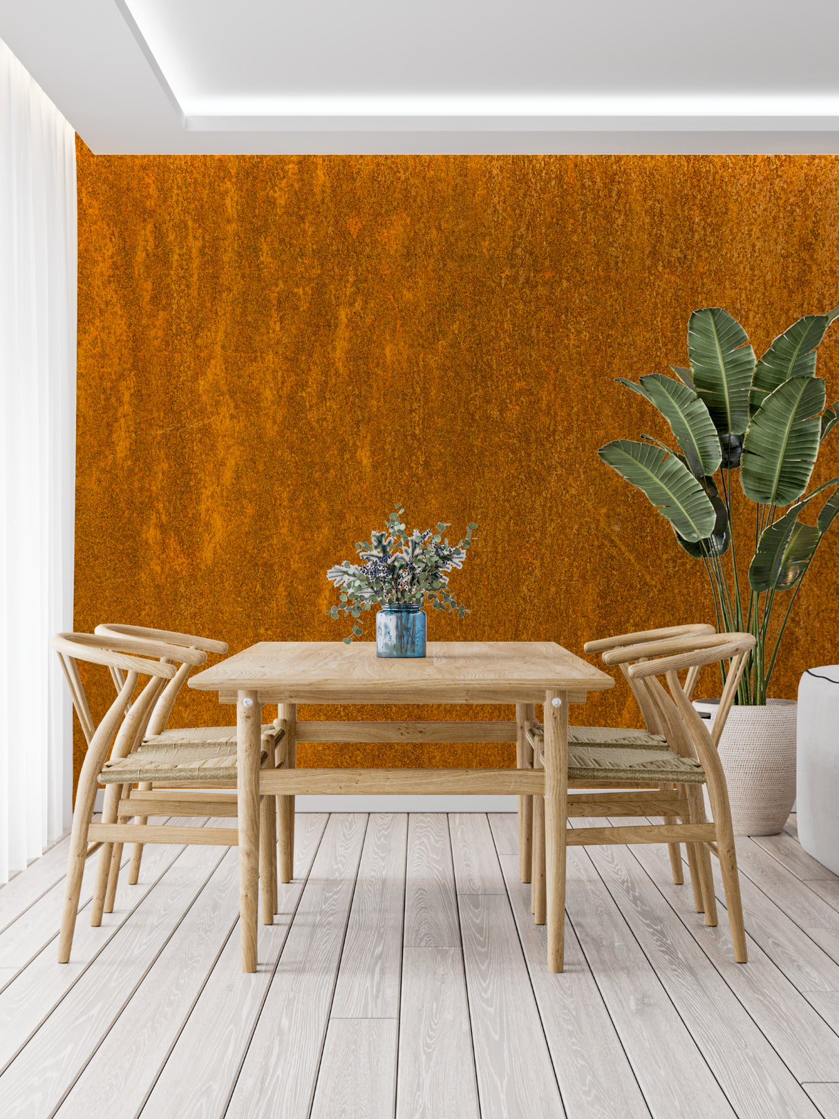Terracotta metal wallpaper creating warm accent wall in minimalist dining room
