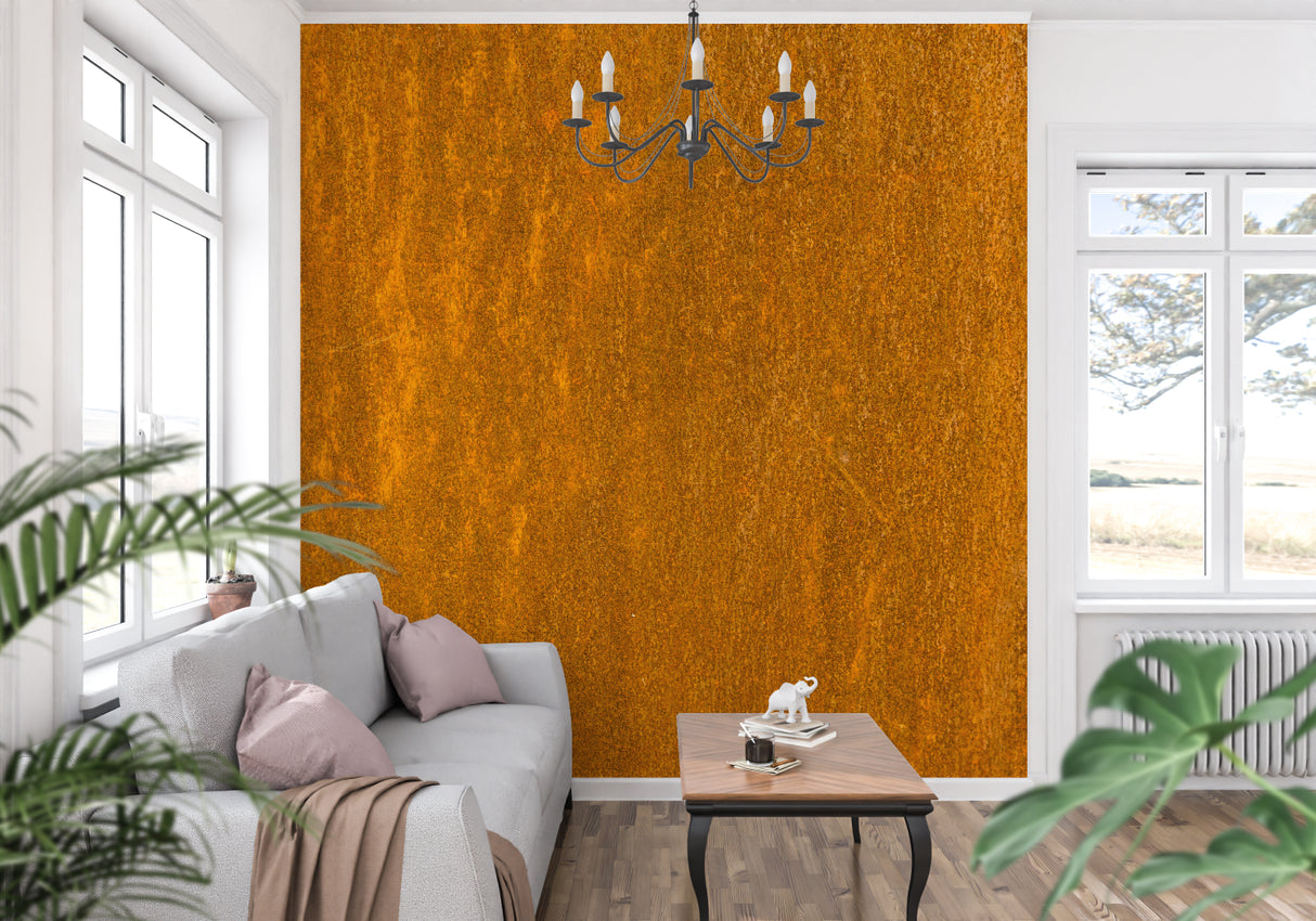 Rust effect wall mural in industrial style home office with metal furniture