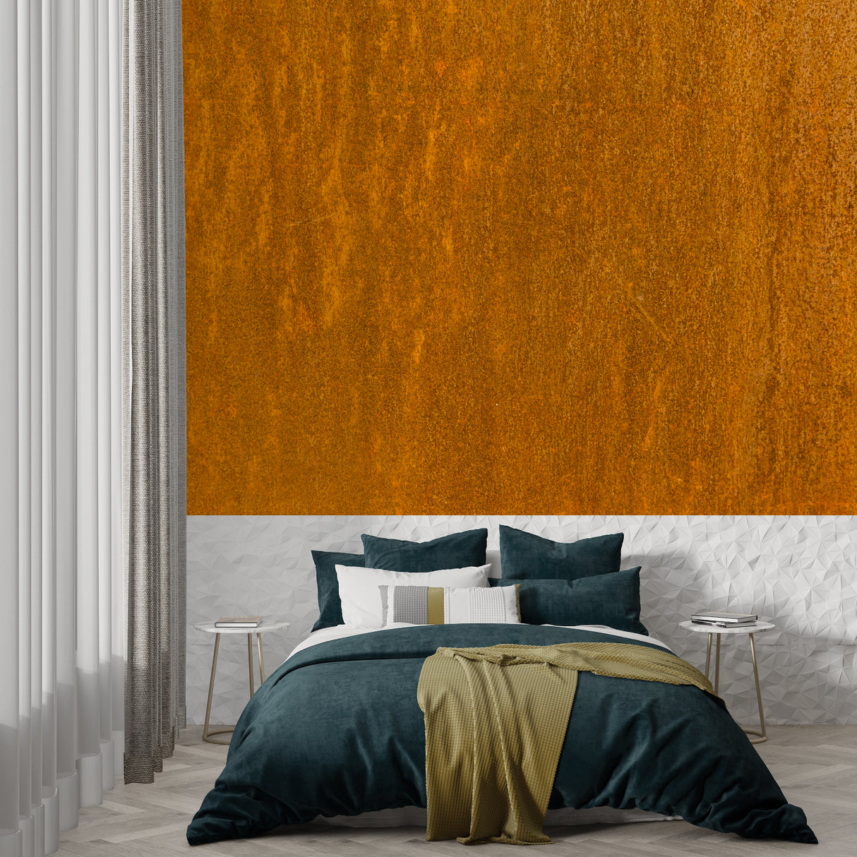 Textured metal wallpaper adding warmth to contemporary bedroom setting
