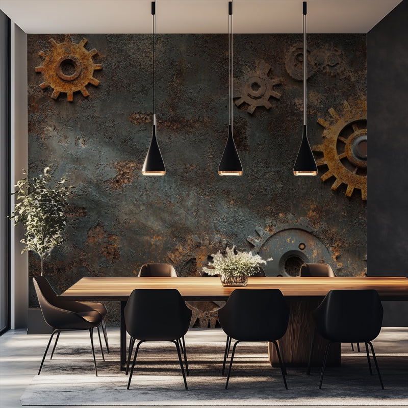 Industrial gear wallpaper creating a bold statement wall in a modern loft office space