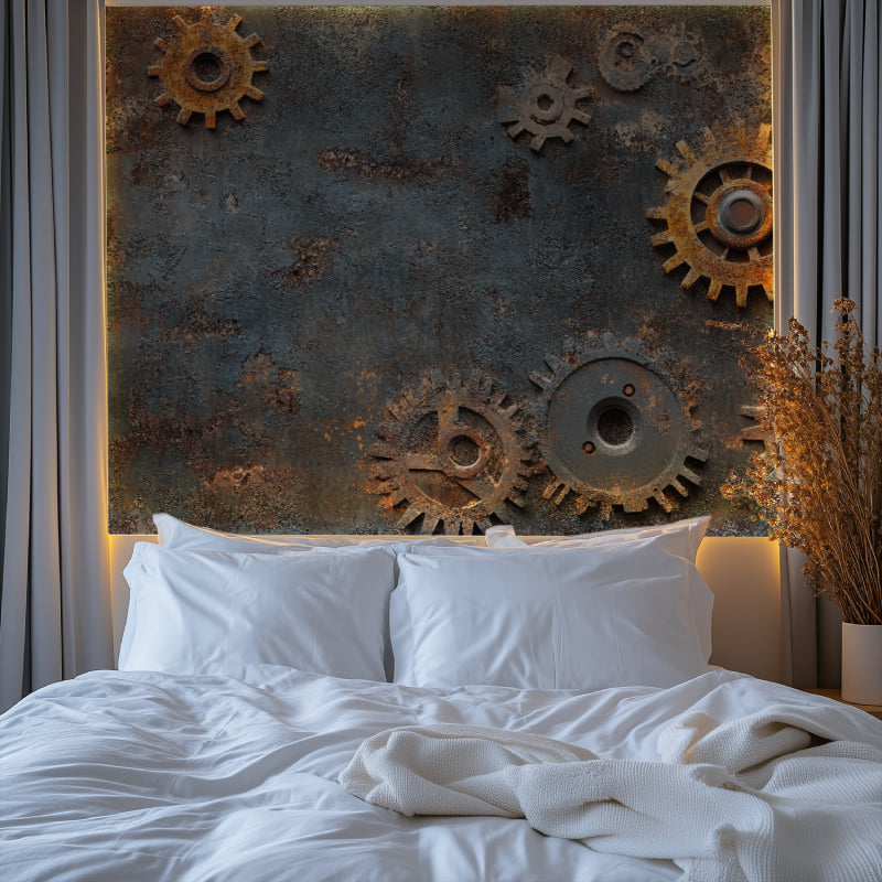 Vintage mechanical wallpaper showcased in an industrial-style dining room