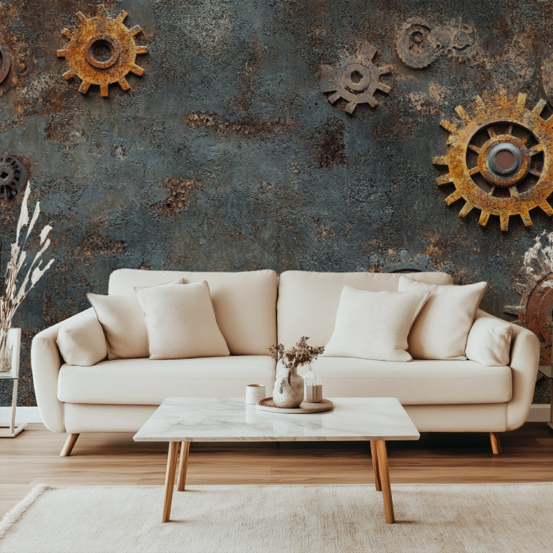 Metal gears wall mural adding character to a contemporary living room