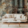 Industrial pipe wallpaper mural styled in modern loft living room with exposed brick and leather furniture