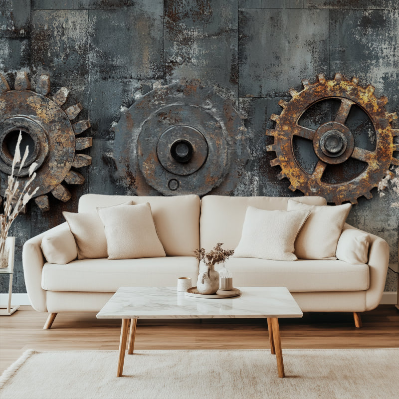 Industrial gear wallpaper in modern loft living room with exposed brick walls