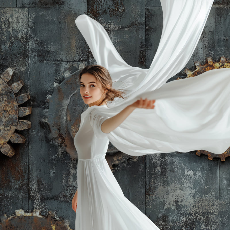 Vintage industrial wallpaper creating focal point in minimalist home office