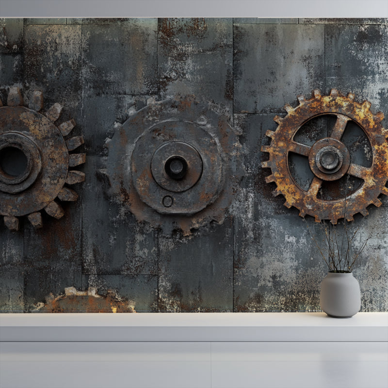 Steel gear wallpaper adding character to urban coffee shop interior