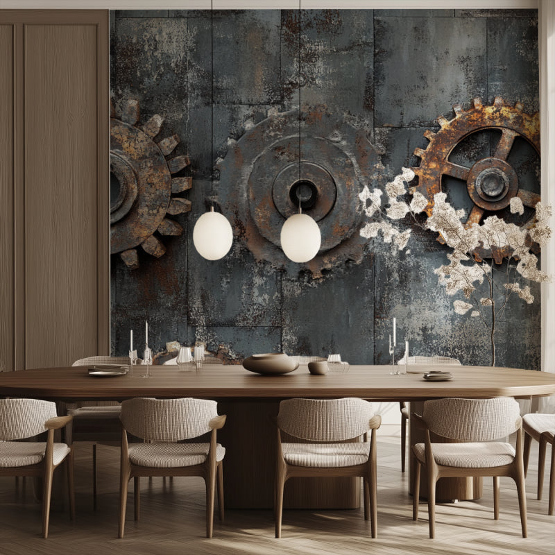 Industrial wall mural in contemporary apartment with high ceilings