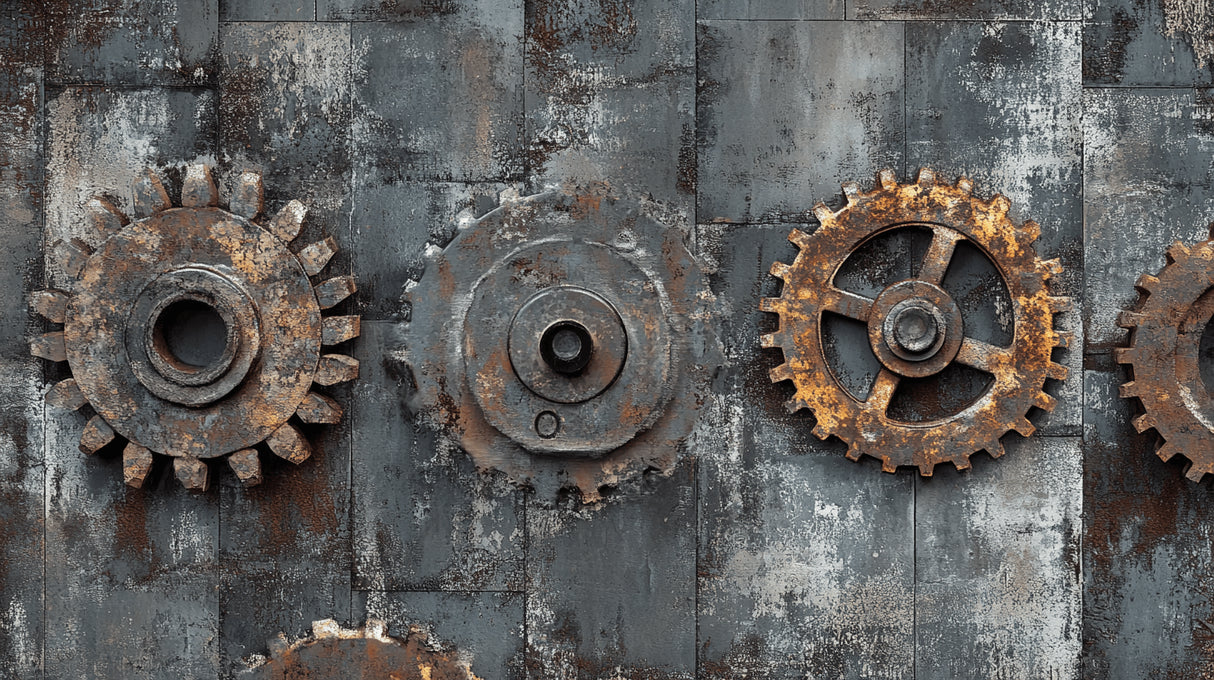 Design file showing detailed vintage steel and gears pattern with rust accents