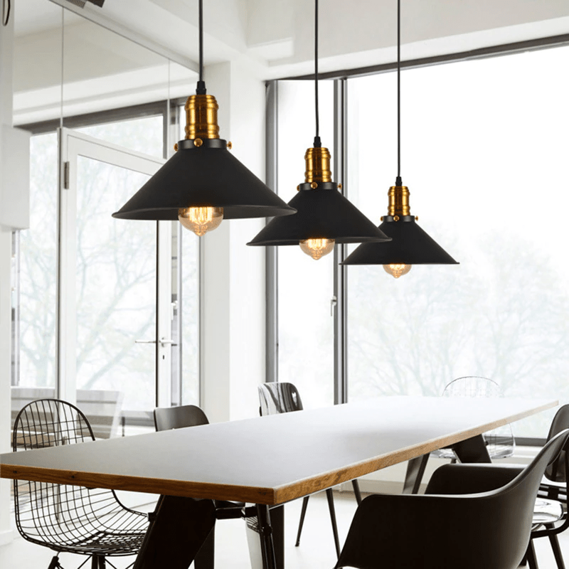 Industrial Pendant Light  Black Metal Shade With Brass Accents - Product detail 5