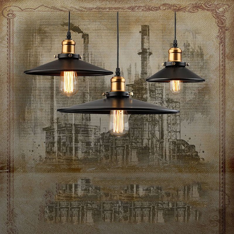 Industrial Pendant Light  Black Metal Shade With Brass Accents - Product example