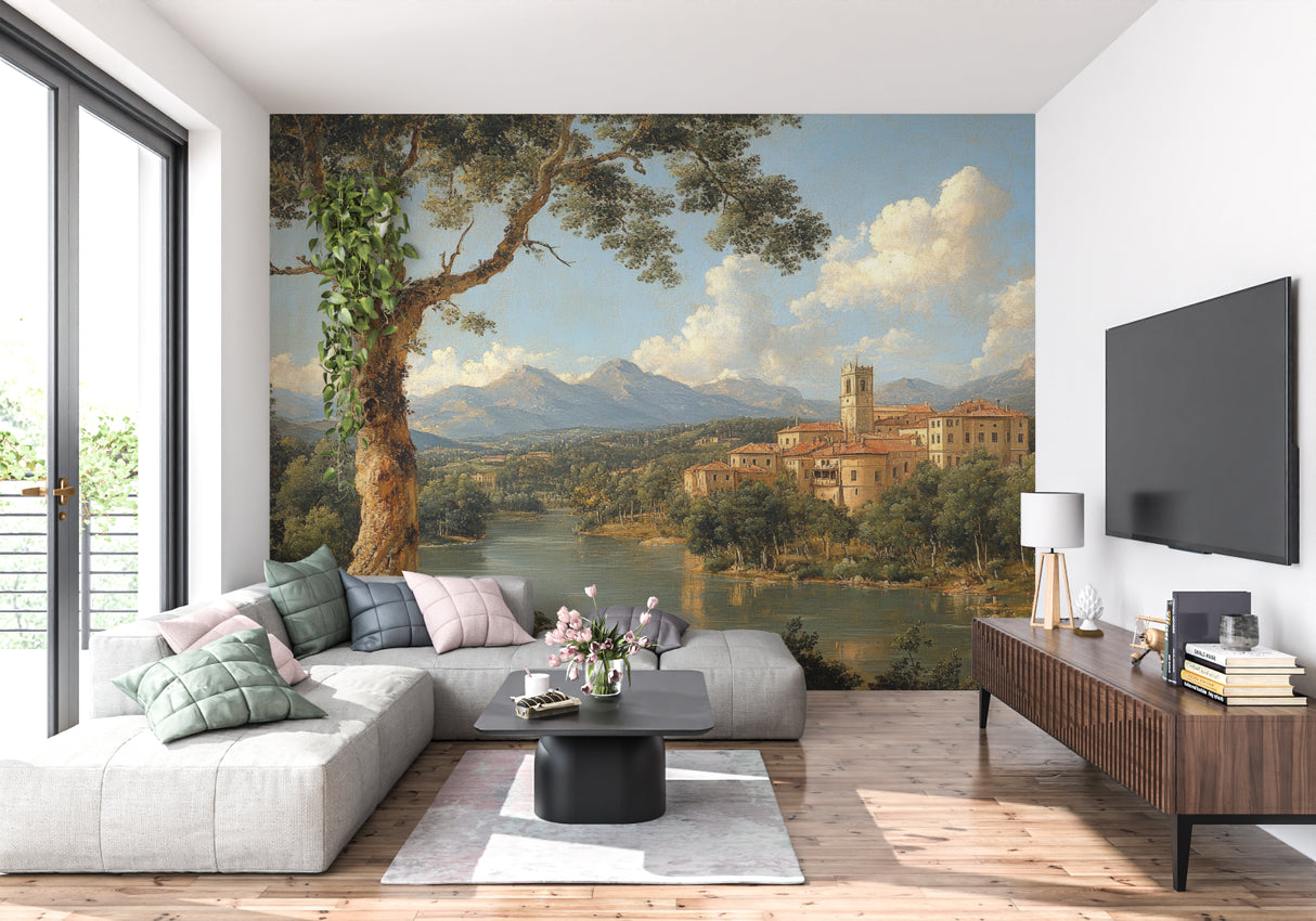 Italian landscape mural wallpaper in a bright modern dining room, creating a window-like effect