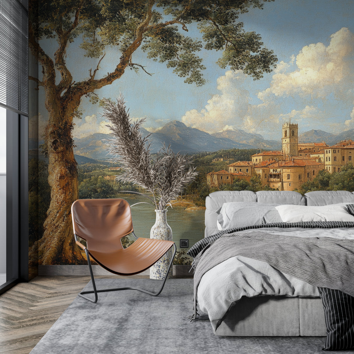 Mediterranean village wallpaper making a living room feel larger and brighter