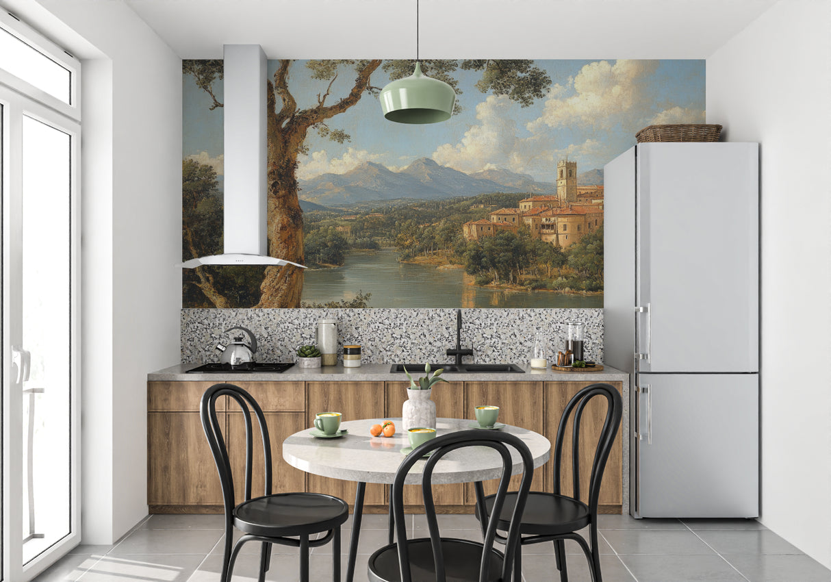 Italian countryside mural in a cozy reading nook with natural lighting
