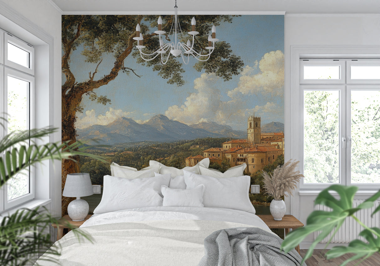 Classical landscape wallpaper bringing Mediterranean charm to a home office
