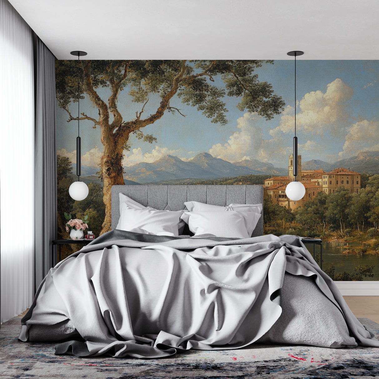 Italian village scene mural creating depth in a hallway space