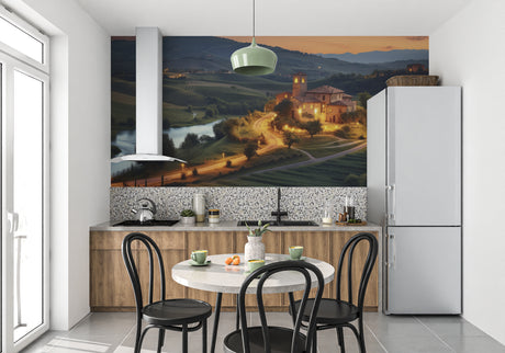 Tuscan villa wallpaper creating a window effect in a modern dining room, warm sunset glow illuminating the space