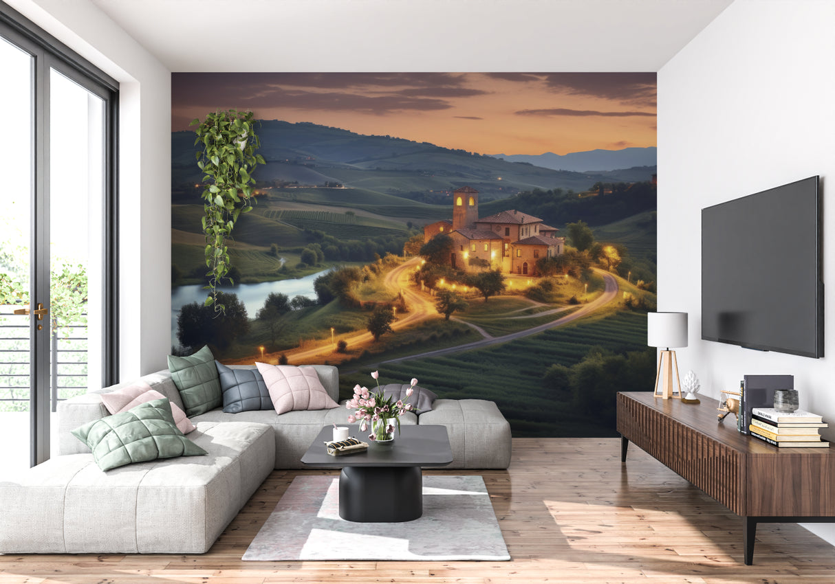 Mediterranean landscape mural bringing Italian charm to a cozy living room setting